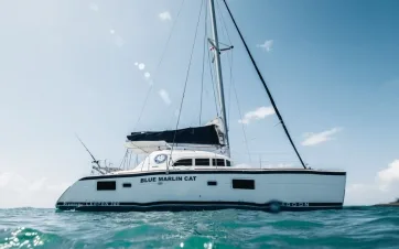 A white sailing catamaran under sail